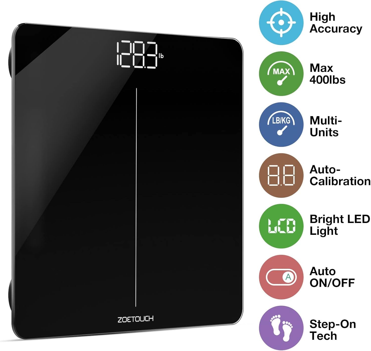 ZOETOUCH Bluetooth BMI Weighing Scale, Body Weight Scale, Smart Digital Bathroom Scales, 400 Lbs, Body Tape Measure and Batteries Included
